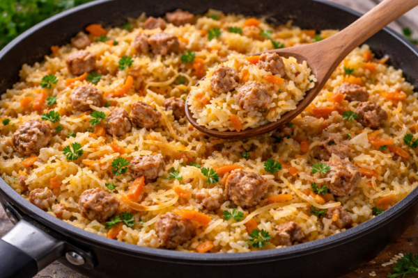 Рис с тушёнкой и капустой на сковороде &mdash; простой ужин из доступных продуктов. Получается сытно, ароматно и очень по-домашнему